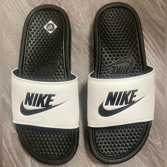 Nike Shoes Mens Nike Slides Sz 8 White With Black Logo Poshmark